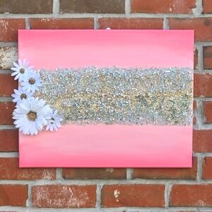 16 x 20 pink and rose gold floral crushed glass canvas painting.